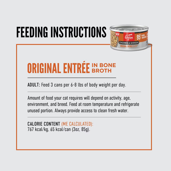 Feeding instructions for a can of cat food with a can displayed on a white background