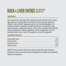 Nutritional label for Duck & Liver Entrée in Bone Broth cat food with ingredients and guaranteed analysis.