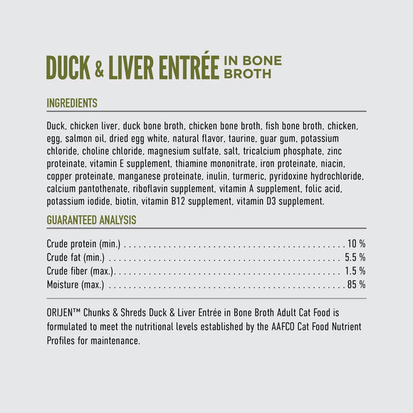 Nutritional label for Duck & Liver Entrée in Bone Broth cat food with ingredients and guaranteed analysis.