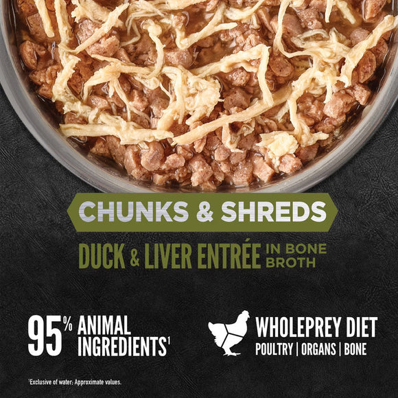 Pet food container with duck and liver entrée on a black background, featuring Wholeprey Diet branding.