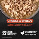 Dog food with chunks and shreds labeled 'Chunks & Shreds Salmon & Chicken Entrée' on a black background.