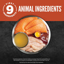 Product label with salmon, chicken, and egg on a plate against a dark background.