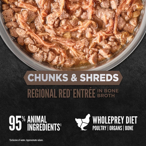 Dog food with chunks and shreds in a bowl, labeled 'Regional Red Entrée' by Wholeprey Diet on a dark background.