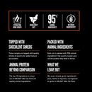 Product label detailing features of Orijen wet cat food on a black background