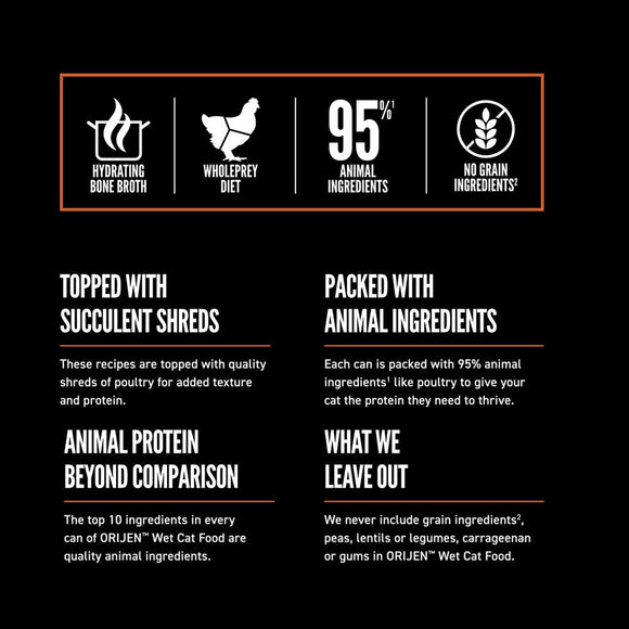 Product label detailing features of Orijen wet cat food on a black background