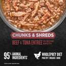 Pet food entree with chunks and shreds of beef and tuna in bone broth, labeled as 'Chunks & Shreds Beef & Tuna Entèreé in Bone Broth' by Wholeprey Diet.