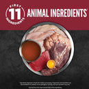 Assorted animal ingredients including meat and an egg on a dark background with 'First 11 Ingredients' branding.