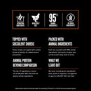 Product label detailing features of a pet food brand on a black background