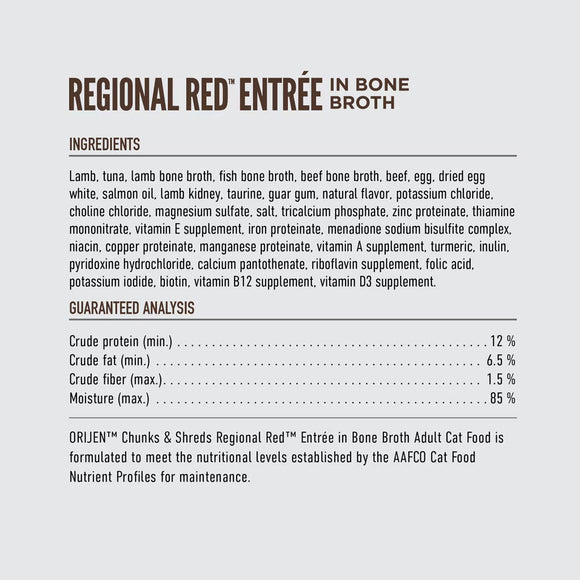 Nutritional label for ORIJEN Regional Red Entrée cat food on a white background