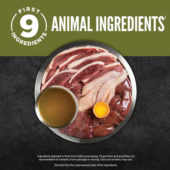 Raw meat, fish, and organs on a plate with 'First 9 Animal Ingredients' text.