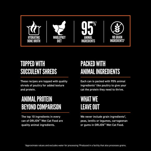 Product label detailing features of ORIJEN wet cat food on a black background