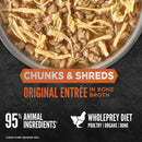 Dog food with chunks and shreds in a bowl, labeled 'Chunks & Shreds Original Entrée in Bone Broth' on a dark background.