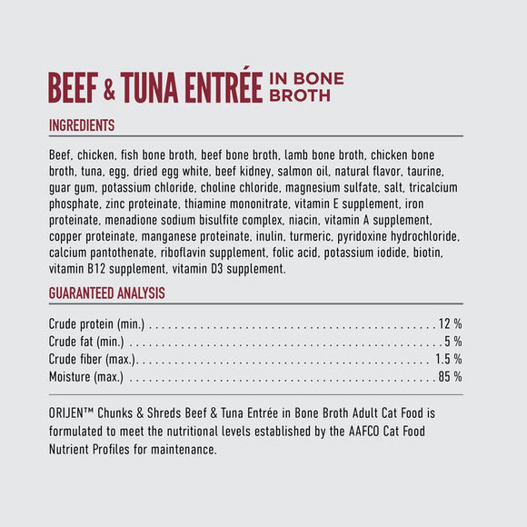 Label for Beef & Tuna Entrée in Bone Broth cat food with ingredients and guaranteed analysis.