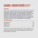 Ingredients and guaranteed analysis for Orijen Salmon & Chicken Entrée in Bone Broth cat food.