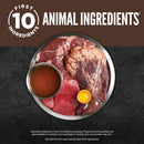 Raw meat and an egg on a plate with a brown background and text about animal ingredients.