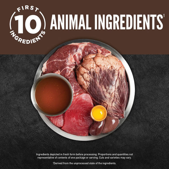 Raw meat and an egg on a plate with a brown background and text about animal ingredients.