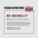 Feeding instructions for a can of beef and tuna entree in bone broth on a white background.