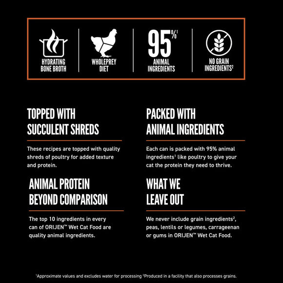 Orijen cat food product description on a black background with white and orange text.