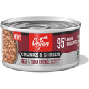 Orijen cat food can with 'Chunks & Shreds Beef & Tuna Entree' label on a white background