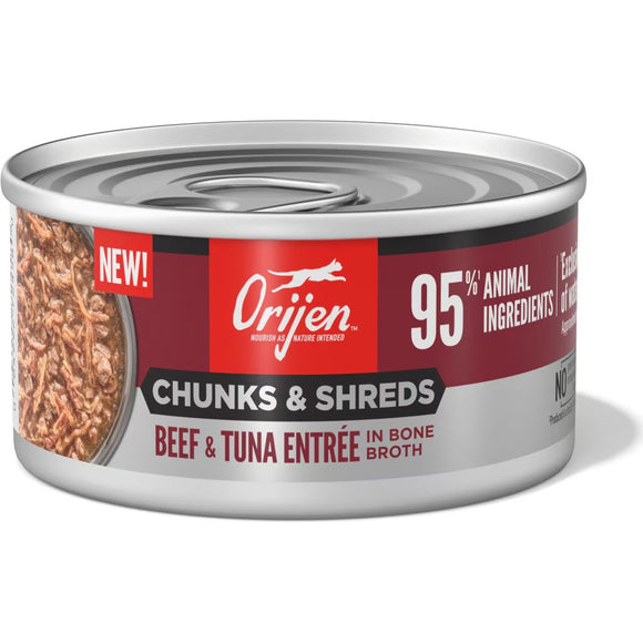 Orijen cat food can with 'Chunks & Shreds Beef & Tuna Entree' label on a white background