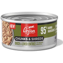 Orijen cat food can with 'Chunks & Shreds' label on a white background