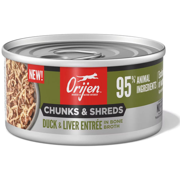 Orijen cat food can with 'Chunks & Shreds' label on a white background
