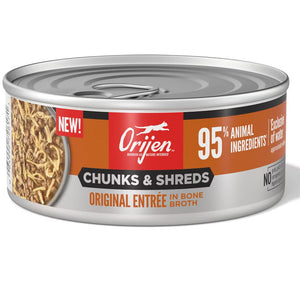 Orijen cat food can with chunks and shreds label on a white background