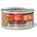 Orijen cat food can with chunks and shreds label on a white background