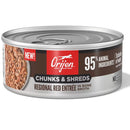 Orijen cat food can with 'Chunks & Shreds Regional Red Entrée' label on a white background