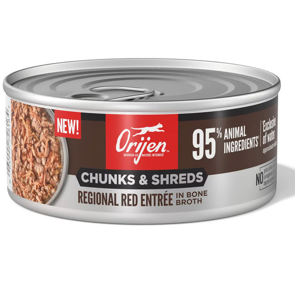 Orijen cat food can with 'Chunks & Shreds Regional Red Entrée' label on a white background