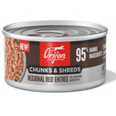Orijen cat food can with 'Chunks & Shreds Regional Red Entrée' label on a white background
