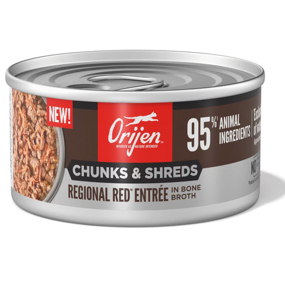 Orijen cat food can with 'Chunks & Shreds Regional Red Entrée' label on a white background