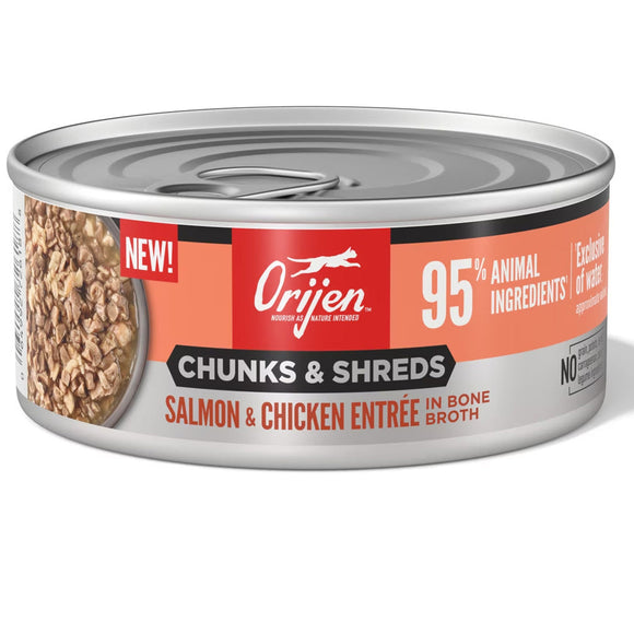 Orijen cat food can with salmon and chicken entrée label on a white background