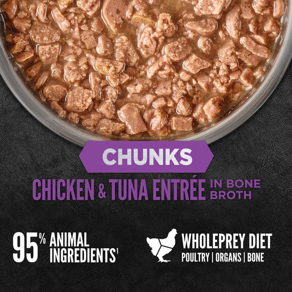Pet food container with chicken and tuna entrée on a black background, featuring Wholeprey Diet branding.