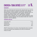 Chicken & Tuna Entrée in Bone Broth Kitten Recipe label with ingredients and guaranteed analysis on a white background.