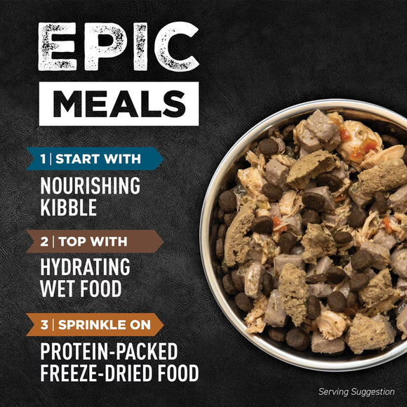 Bowl of pet food with text on a dark background