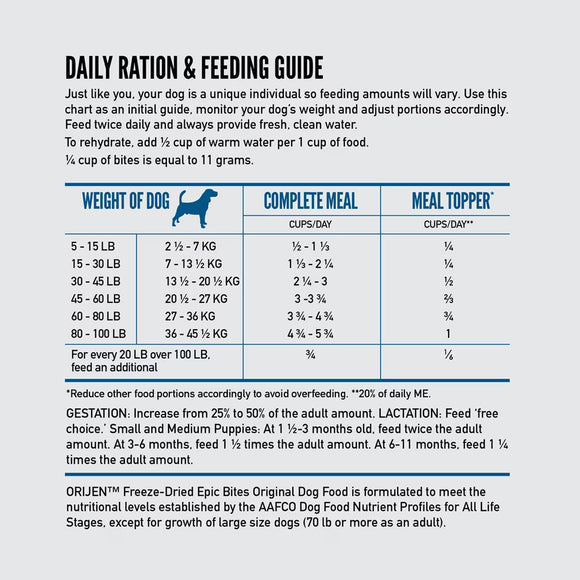 Dog food rationing chart on a white background