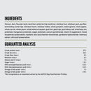 Ingredients and guaranteed analysis for a pet food product on a white background