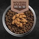 Bowl of dog food with 'Nourish Amazing' product on a dark background