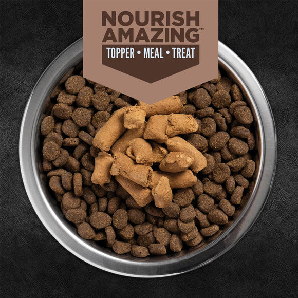 Bowl of dog food with 'Nourish Amazing' product on a dark background