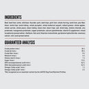 Ingredients and guaranteed analysis for a pet food product on a white background