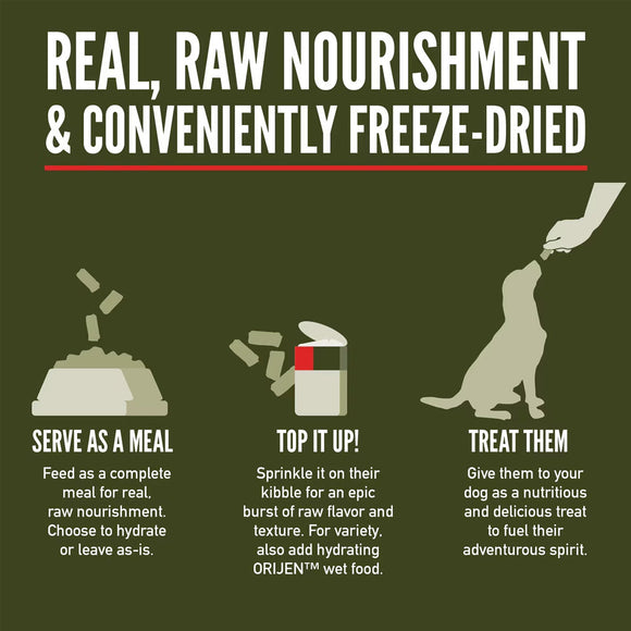 Promotional graphic for ORIJEN wet food, highlighting its freeze-dried nature and versatility.