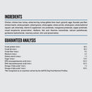 Ingredients and guaranteed analysis for a pet food product on a white background