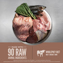 Raw animal ingredients including meat, fish, and greens on a metallic background with branding text.
