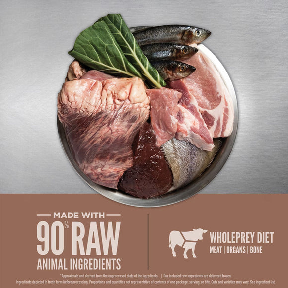 Raw animal ingredients including meat, fish, and greens on a metallic background with branding text.