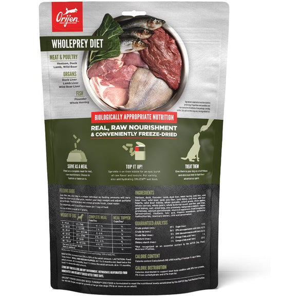 Orijen Wholeprey Diet packaging with images of raw meat and fish on a white background