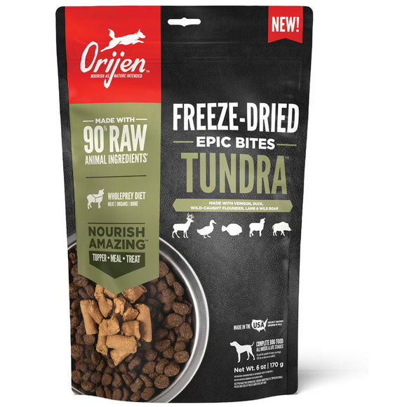 Orijen Freeze-Dried Epic Bites Tundra dog food package on a white background