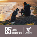 Person sitting on a rock with a dog by a body of water, with a label about animal ingredients at the bottom.