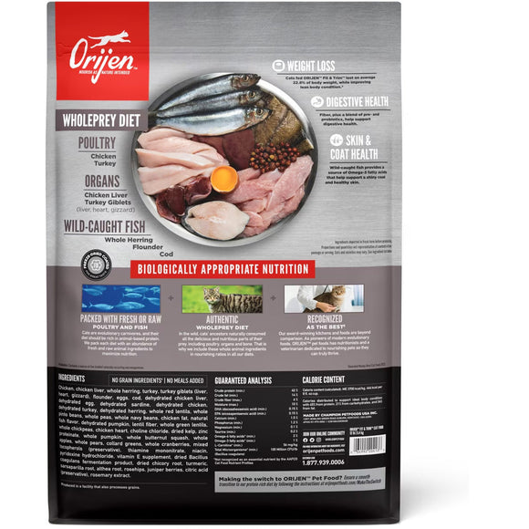 Orijen pet food package with ingredients and health benefits listed on a white background