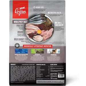 Orijen pet food package with ingredients and health benefits listed on a white background